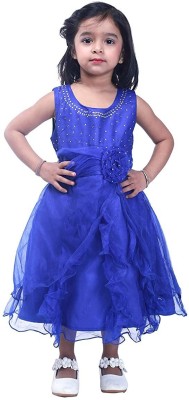 Wow princess Girls Calf Length Festive/Wedding Dress(Blue, Sleeveless)