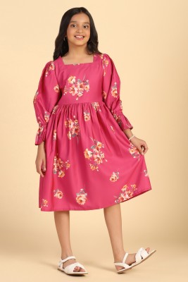 Fashion Dream Girls Calf Length Casual Dress(Pink, Full Sleeve)