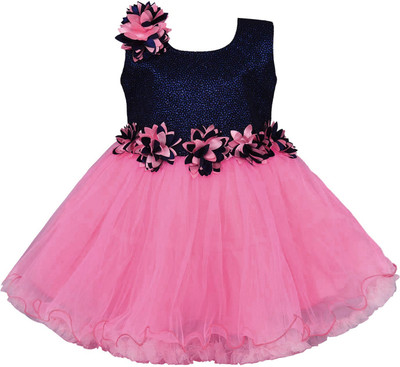 Wishkaro Girls Midi/Knee Length Party Dress(Pink, Sleeveless)