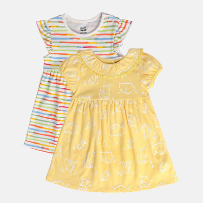 MINI KLUB Indi Baby Girls Midi/Knee Length Casual Dress(Yellow, Short Sleeve)