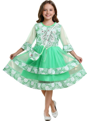 ZayraLane Girls Below Knee Casual Dress(Light Green, 3/4 Sleeve)