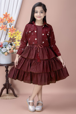 Zarazoo Girls Below Knee Festive/Wedding Dress(Maroon, 3/4 Sleeve)