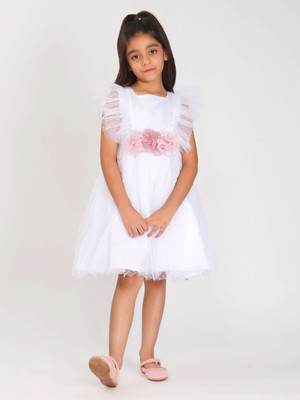 CREATIVE KID'S Indi Girls Midi/Knee Length Party Dress(White, Sleeveless)