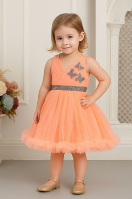 F B Collction Girls Below Knee Party Dress(Orange, Sleeveless)