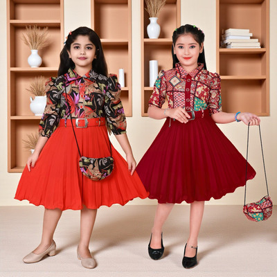 HALDER Girls Midi/Knee Length Casual Dress(Red, 3/4 Sleeve)