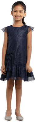 Under Fourteen Only Girls Midi/Knee Length Party Dress(Blue, Sleeveless)