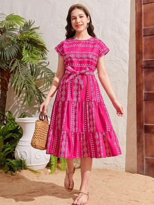 Njushxa Indi Girls Maxi/Full Length Casual Dress(Pink, Cap Sleeve)