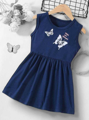 Mimmy Kids Girls Midi/Knee Length Casual Dress(Dark Blue, Sleeveless)