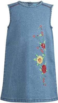 Miyo Indi Girls Midi/Knee Length Casual Dress(Blue, Sleeveless)