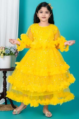 ANMOLDRESS Baby Girls Maxi/Full Length Party Dress(Yellow, 3/4 Sleeve)