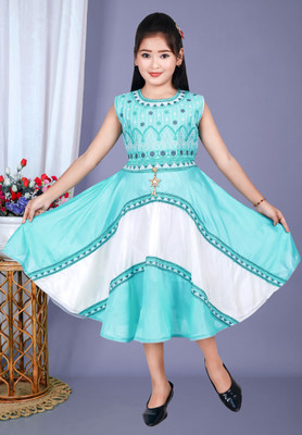 M. MONGELA DRESSES Girls Below Knee Festive/Wedding Dress(Light Blue, Sleeveless)