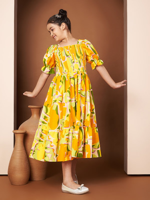 OTABU Indi Girls Midi/Knee Length Casual Dress(Yellow, Half Sleeve)