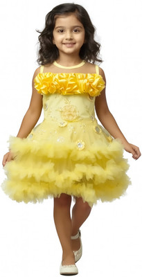 Takshak Fashion Baby Girls Below Knee Party Dress(Yellow, Sleeveless)