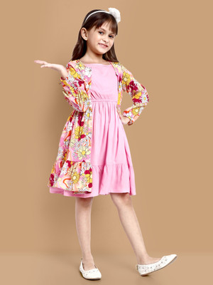 Yk Girls Midi/Knee Length Casual Dress(Pink, Full Sleeve)