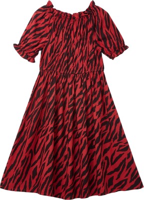 Cub McPaws Girls Midi/Knee Length Casual Dress(Red, Short Sleeve)
