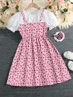 desaibotgo Girls Above Knee Casual Dress(Pink, White, Short Sleeve)