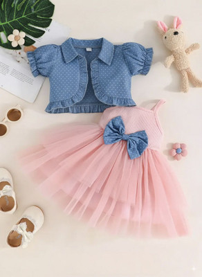 RupMilanKolkata Baby Girls Mini/Short Party Dress(Pink, Short Sleeve)