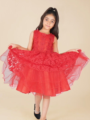 HEREANDNOW Girls Midi/Knee Length Party Dress(Red, Sleeveless)