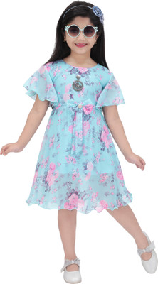 Kgn Garments Girls Midi/Knee Length Casual Dress(Blue, Cap Sleeve)