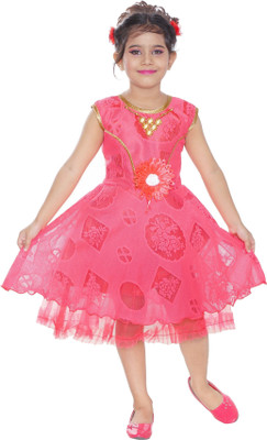 TrendyClub Girls Midi/Knee Length Festive/Wedding Dress(Pink, Sleeveless)