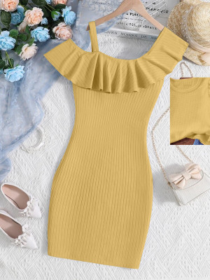 Dhanoo Fashion Girls Below Knee Party Dress(Beige, Fashion Sleeve)