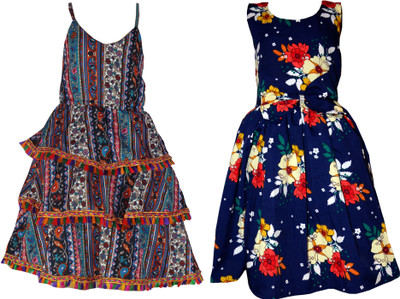 Hunoor Girls Below Knee Casual Dress(Blue, Sleeveless)