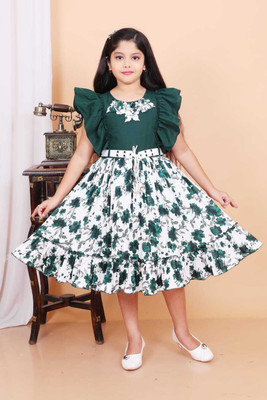 SKMHDRESSES Girls Below Knee Party Dress(Green, Half Sleeve)
