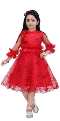 Zenat Girls Maxi/Full Length Party Dress(Red, 3/4 Sleeve)