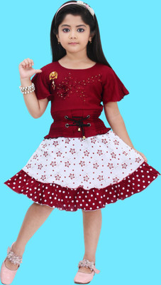 HouseOfCommon Girls Midi/Knee Length Casual Dress(Maroon, Cap Sleeve)