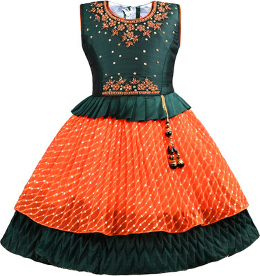 Wishkaro Girls Midi/Knee Length Festive/Wedding Dress(Green, Sleeveless)