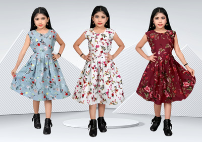 wwo Girls Calf Length Casual Dress(Multicolor, Sleeveless)