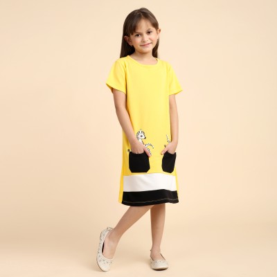 Lazy Shark Girls Midi/Knee Length Casual Dress(Yellow, Short Sleeve)