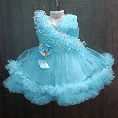 frockdress Baby Girls Midi/Knee Length Festive/Wedding Dress(Blue, Sleeveless)