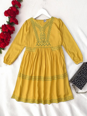 Bella Moda Girls Midi/Knee Length Casual Dress(Yellow, 3/4 Sleeve)