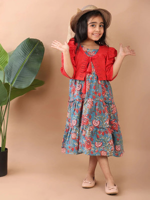 Kinder Kids Girls Midi/Knee Length Casual Dress(Blue, 3/4 Sleeve)