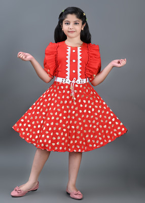 Nihad Fashion Girls Midi/Knee Length Party Dress(Red, Half Sleeve)