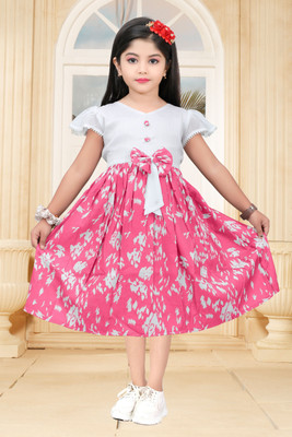 Amreliya Style Girls Midi/Knee Length Casual Dress(Pink, Short Sleeve)
