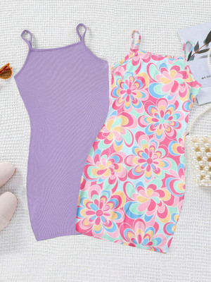 dhru Girls Below Knee Casual Dress(Purple, Pink, Sleeveless)