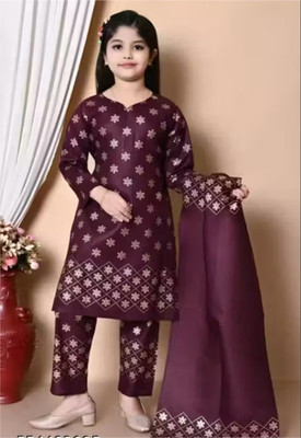 Tip Top Fashion Girls Festive & Party Kurta and Pyjama Set(Purple Pack of 1)