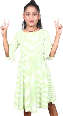 LIME Girls Midi/Knee Length Casual Dress(Green, 3/4 Sleeve)