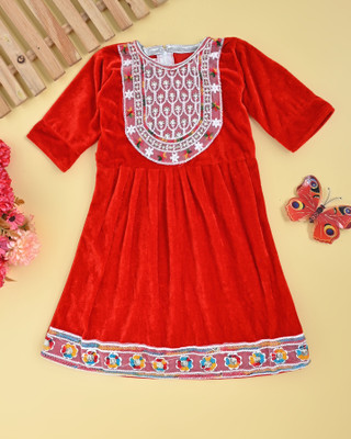 RN DRESSES Baby Girls Midi/Knee Length Party Dress(Red, 3/4 Sleeve)