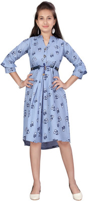 Yk Girls Midi/Knee Length Casual Dress(Blue, 3/4 Sleeve)