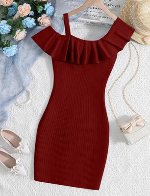 UNIQUEEE Girls Midi/Knee Length Party Dress(Maroon, Fashion Sleeve)