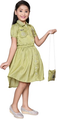 SNTRENDZ Girls Midi/Knee Length Casual Dress(Green, Short Sleeve)