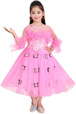 ARUNA CREATIONn Girls Midi/Knee Length Party Dress(Pink, 3/4 Sleeve)
