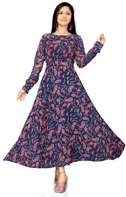Aarya Designer Girls Calf Length Casual Dress(Dark Blue, Full Sleeve)