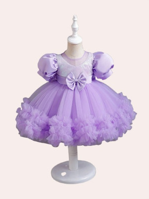 VARDA CREATION Baby Girls Midi/Knee Length Party Dress(Purple, Short Sleeve)