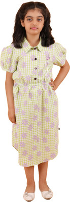 CALYX CLOTHING Indi Girls Below Knee Casual Dress(Green, Short Sleeve)
