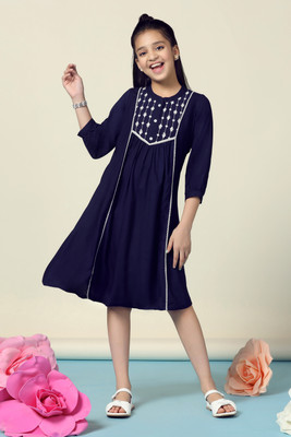 Fashion Dream Girls Midi/Knee Length Casual Dress(Dark Blue, 3/4 Sleeve)