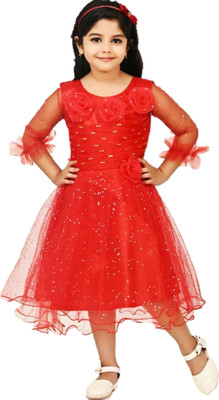 aruna creation Girls Midi/Knee Length Party Dress(Red, 3/4 Sleeve)